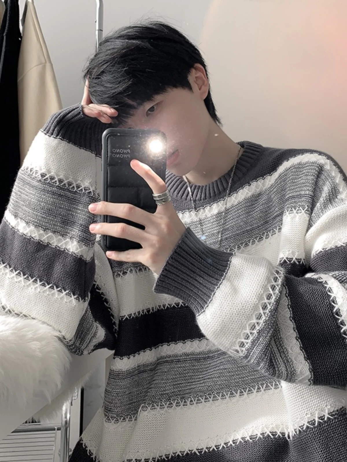 

Japanese Sle round Ne Knitted Sweater Men's Autumn Winter Trendy Brand Design Striped Lazy Sle Retro Outerwear