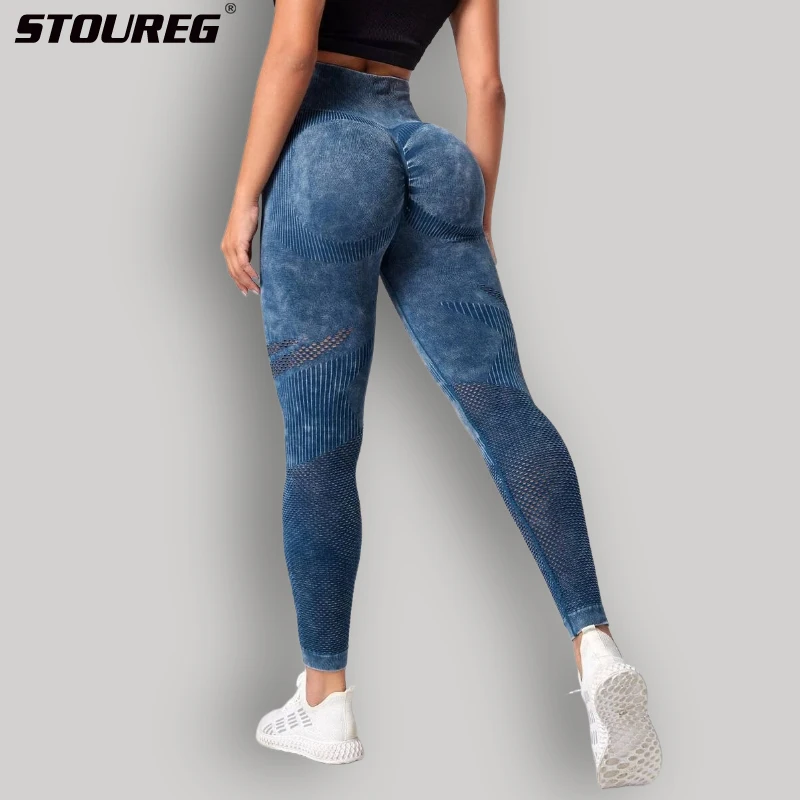 STOUREG Women Hip Lifting Yoga Leggings  Workout Gym Trousers High Waist Butt Lift Seamless Washed Yoga Pants Seamless Leggings