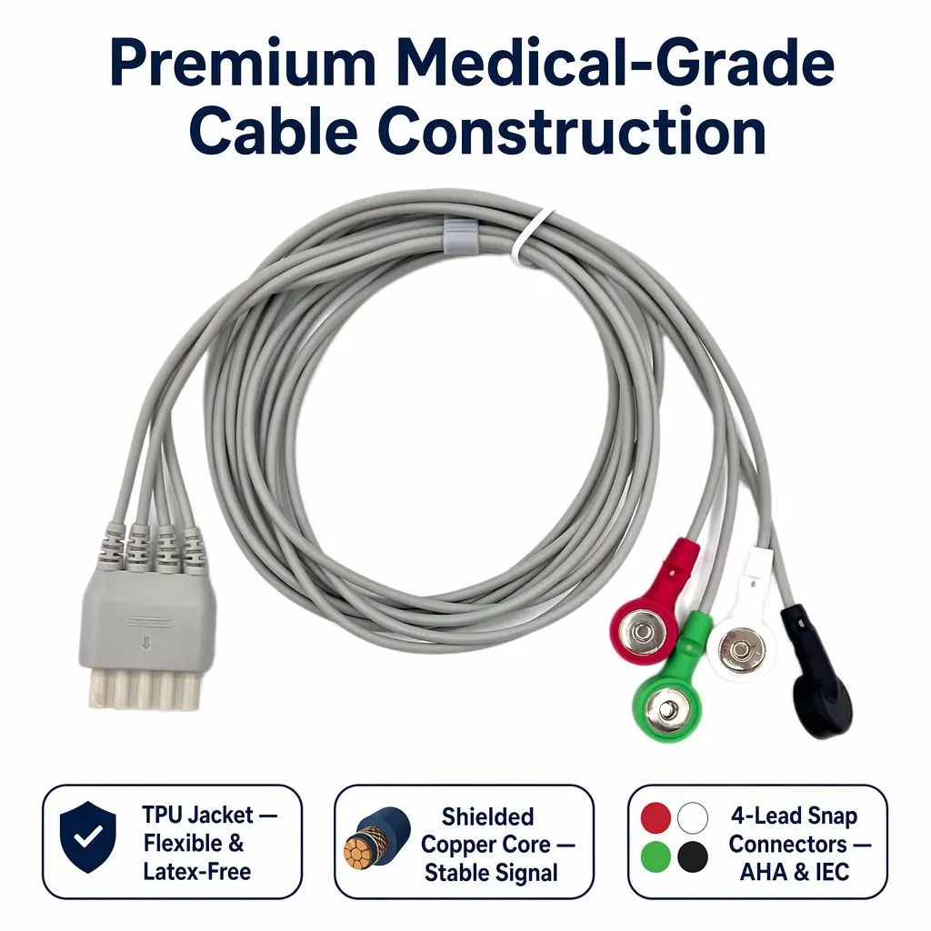 ECG Cable 4-Lead Snap 1.0m AHA IEC - Adult TPU - Model ZH0016
