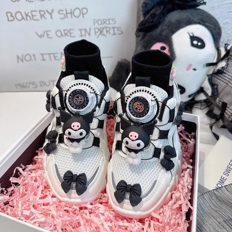 Kids Sanrio Kuromi Sport Shoes Student Cute Rotating Button Tennis Shoes Girls Casual Sneakers Children Basket Shoes Size 26-37