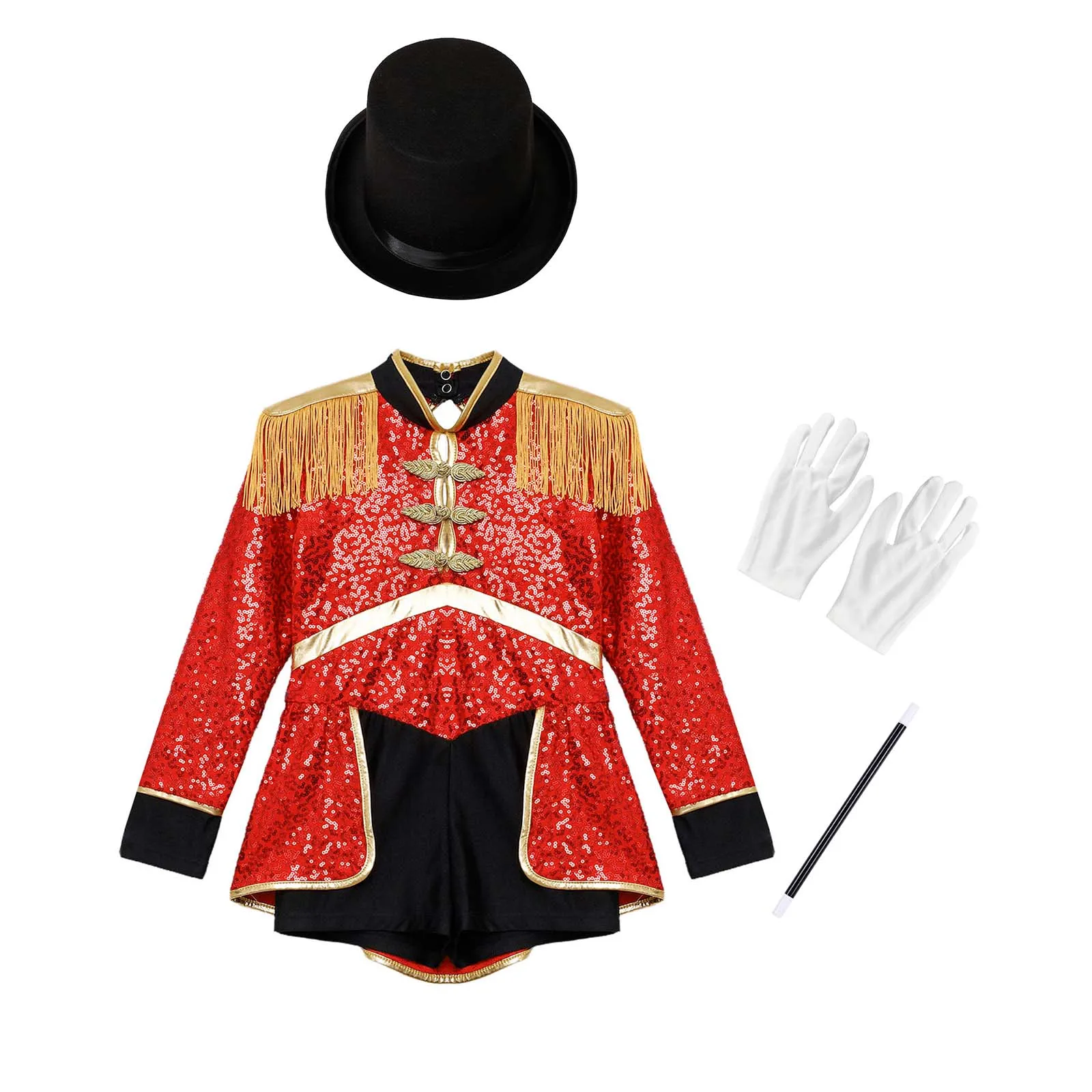 Kids Girls Circus Magician Cosplay Costume Shoulder Tassels Sequins Bodysuit with Hat Gloves Wand Set Halloween Circus Costume