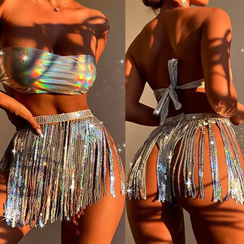 

customized split swimsuit three piece set for women sparkling fabric sexy tassel bikini exotic dancewear belly dance costumes
