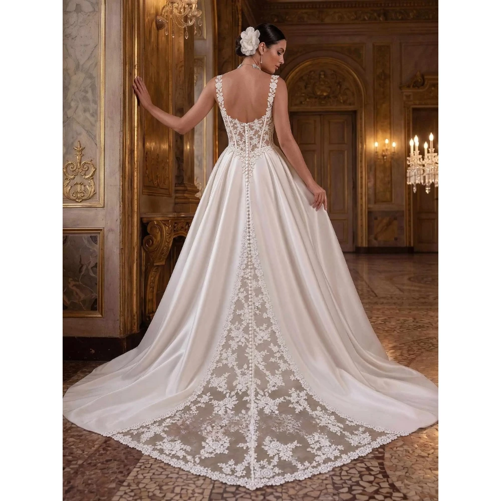 Customized Square Collar Satin High Slit Wedding Dress 2026 Simple Suspender Lace Decal Bridal Gown Suitable for Formal Parties