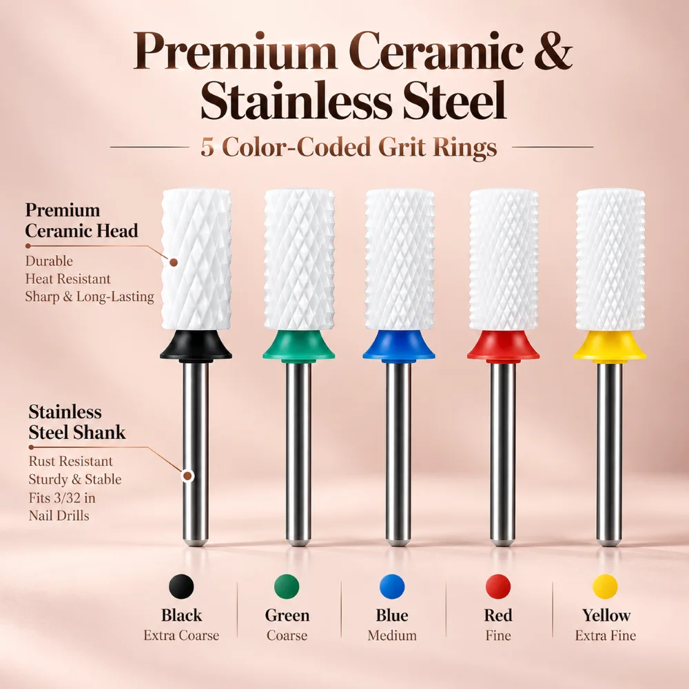 5PCS Ceramic Nail Drill Bits Set 2.35mm Shank Flat Top Barrel Bits XC C M F XF Grits For Gel Acrylic Filing Shaping With Holders