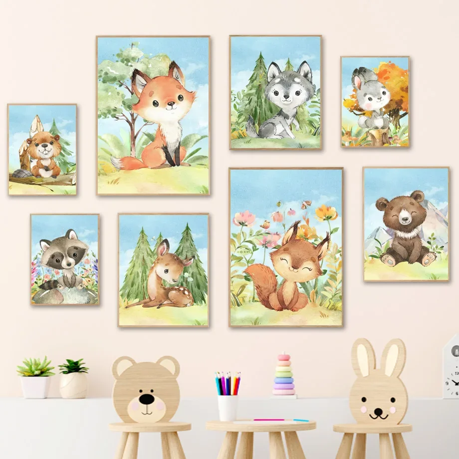 

Fox Rabbit Deer Bear Squirrel Boho Baby Woodland Nursery Neutral Prints Posters Animal Kids Room Wall Art Pictures Bedroom Decor