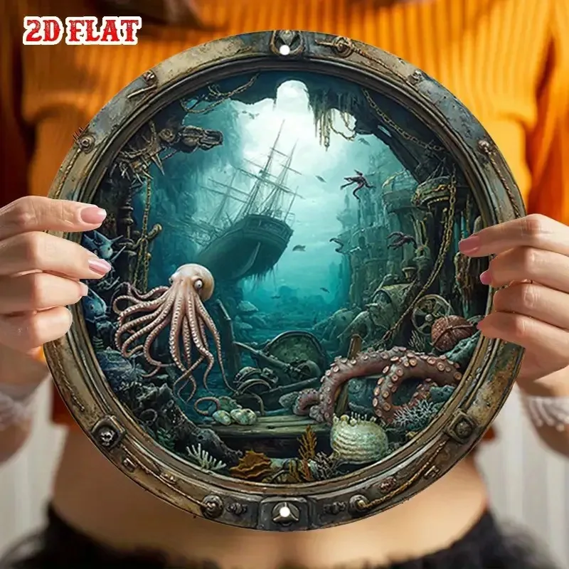 Nautical Porthole Wall Decor - Underwater Shipwreck Scene Metal Sign, Easy Hang Indoor Decoration for Living Room,  Wedding Gift
