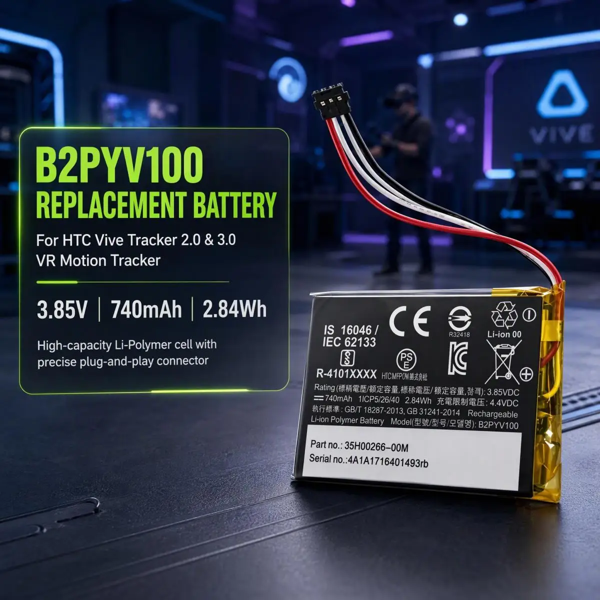 B2PYV100 3.85V 740mAh 2.84Wh Li-Polymer Replacement Battery For H-T-C Vive Tracker 2.0 3.0 VR Motion Tracker