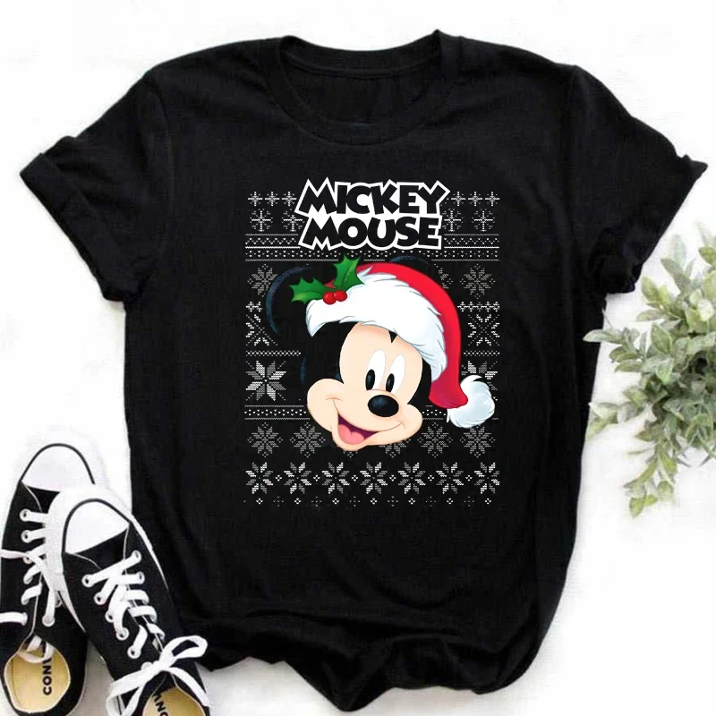 Camiseta de Mickey Minnie Mouse, camiseta con estampado de sombrero de Navidad, camiseta de moda para mujer, ropa femenina, camiseta Kawaii de Disney