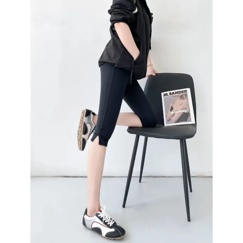 Women High Waist Split Capri Leggings Slim Breathable Thin Yoga Shark Skin Cropped Casual Pants