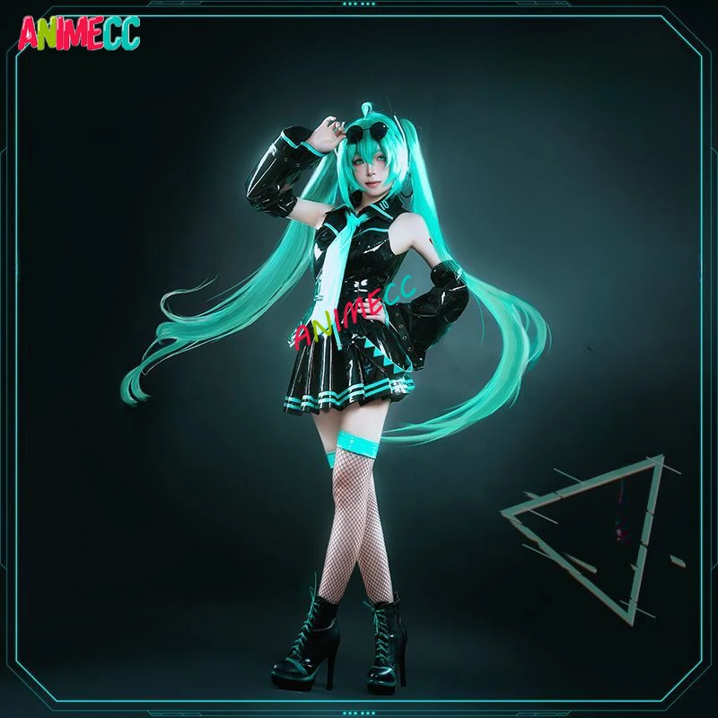 

ANIMECC S-XL Miku 16th Anniversary Cosplay Costume Black Leather JK Uniform Glasses Halloween Party Carnival Outfits for Women