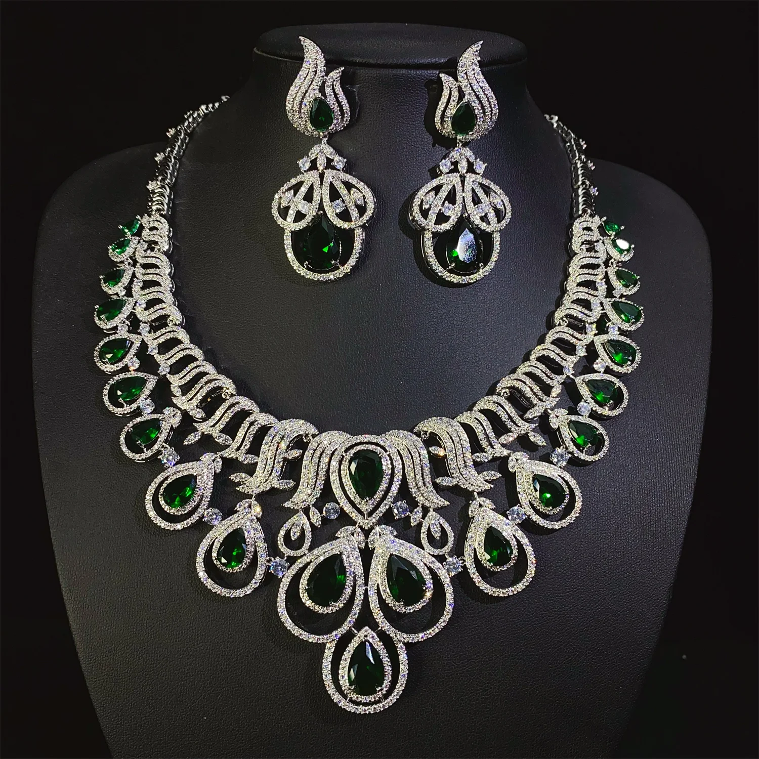 Flower Luxury Green Cubic Zirconia Wedding Party CZ Necklace Earrings African Dubai Bridal Jewelry Set for Women