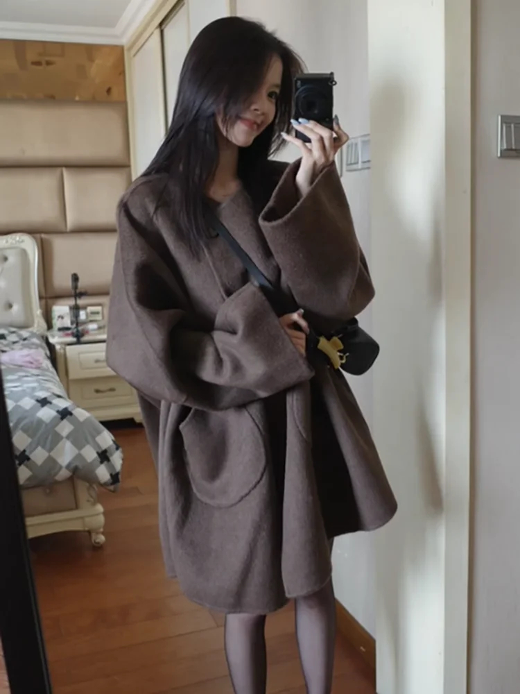 Manteau en laine ample pour femme, Long, mi-long, automne-hiver, mode coréenne, sensation Premium, Vintage, argent, vêtements d'extérieur