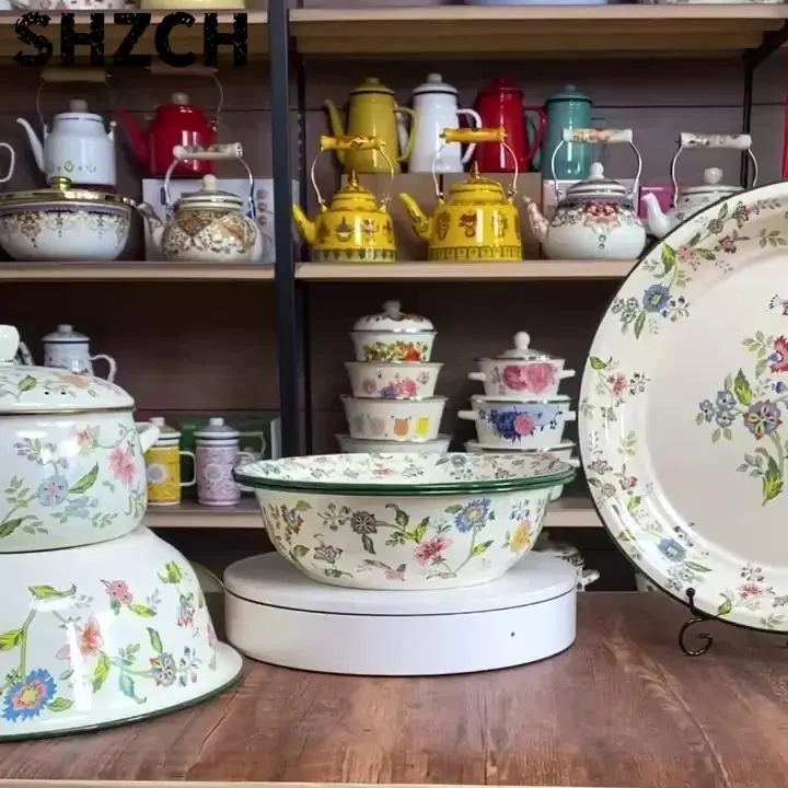 Extra-Thick Enamel Mixing Basin with Lid Vintage Style for Kitchen Washing Veggies Mixing Dumpling Fillings Bowls Plates Trays