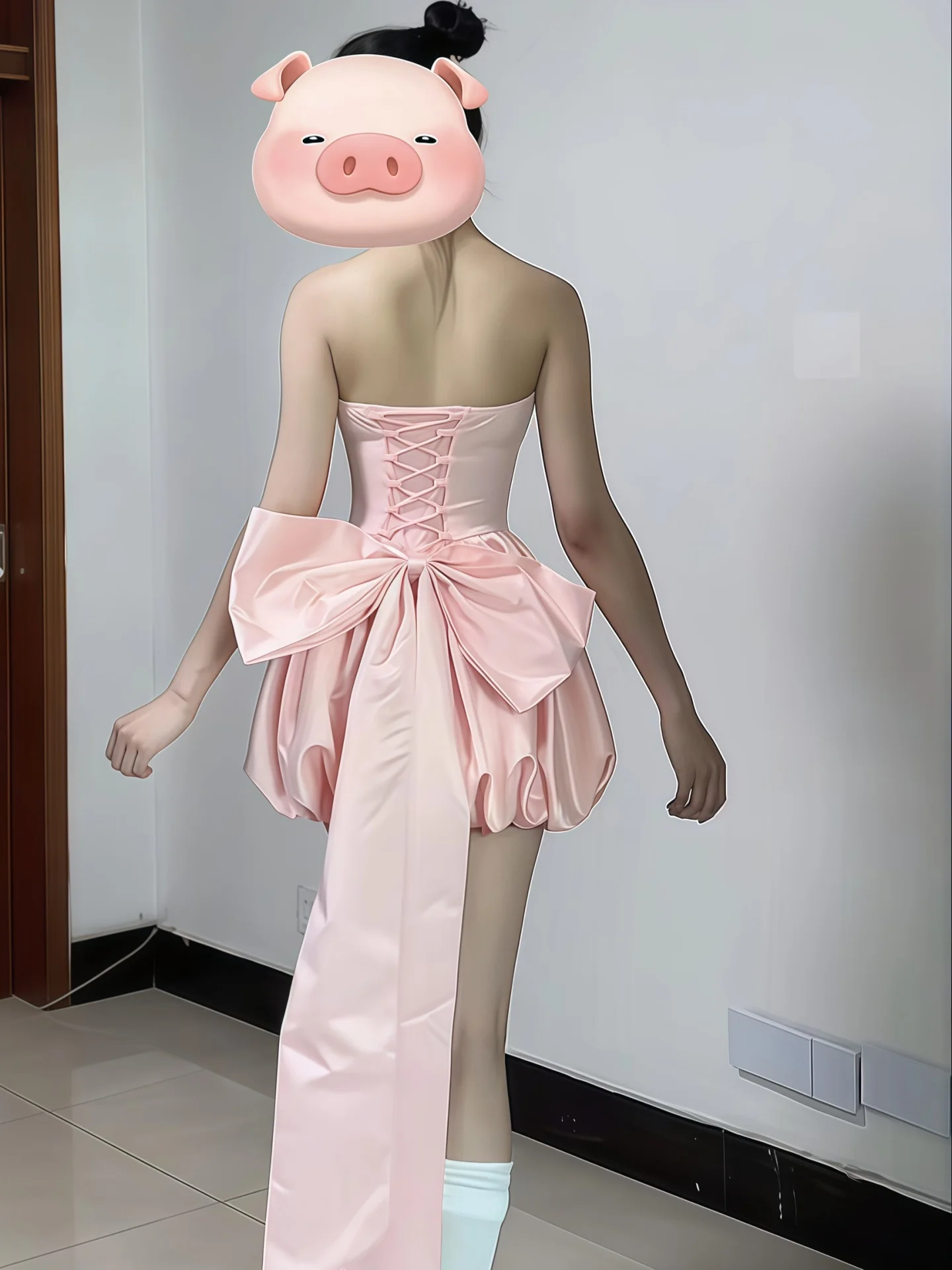 

French Style Pink Sweet Bow Strapless Dress Slim Fit Pleated Short Lace Up Full Dress 2025 Summer New Women's Ceremonial Dress