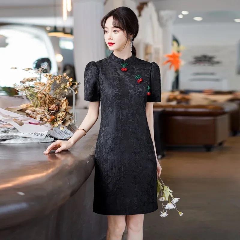 Retro Black Midi Dress Short Sleeve Qipao Tops Summer Fashion New Improved Cheongsam Dresses Chinese Style Traditional Clothing