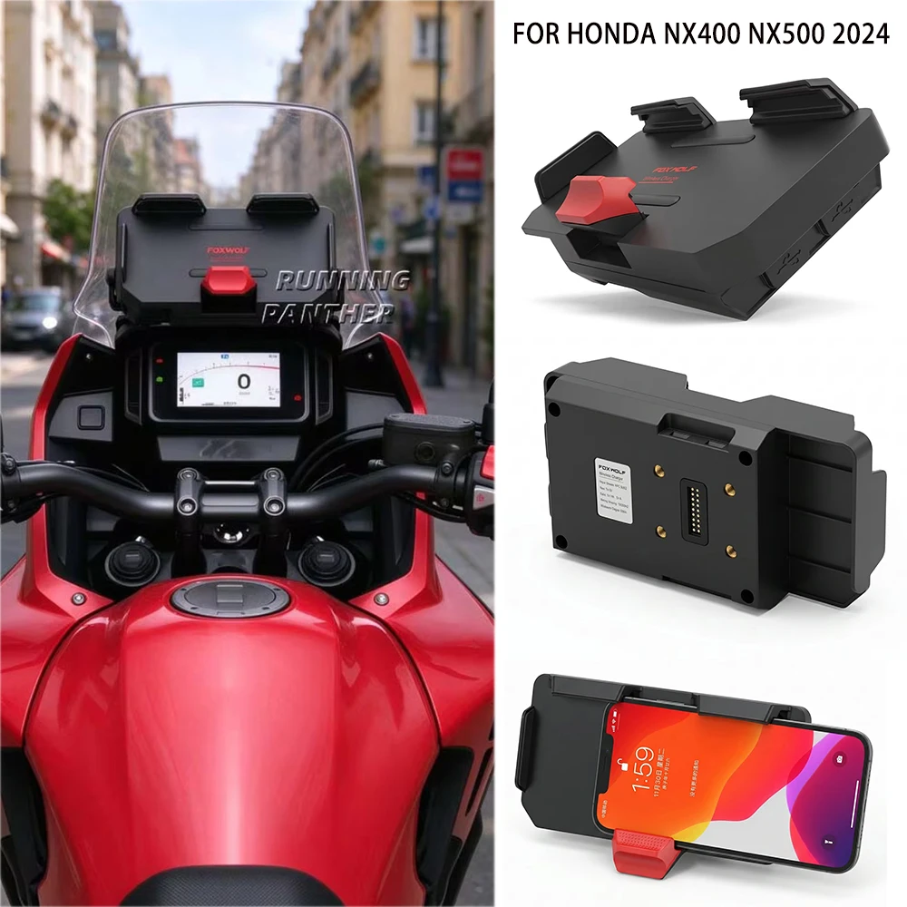 For Honda NX400 NX500 2024 15W Wireless + USB Motorcycle Phone Mount Three-Claw Anti-Shake Waterproof Secure Lock Phone Holder