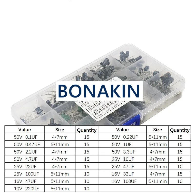 200 buah/lot 0.1UF-220UF 15 nilai kapasitor elektrolitik aluminium 16-50v kapasitor campur kit beragam + kotak