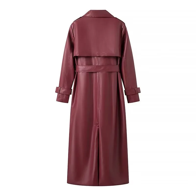 KEYANKETIAN 2024 New Launch Women\'s Burgundy Faux Leather Coat Retro Fashion With Belt Pockets Loose Extended Overcoat Outerwear