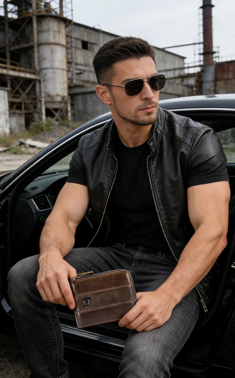 BULLCAPTAIN Herren Echtleder-Geldbörse mit RFID-Schutz, Vintage Rindsleder Reißverschluss-Brieftasche mit Münzfach, Kreditkartenhalter – Detail 5