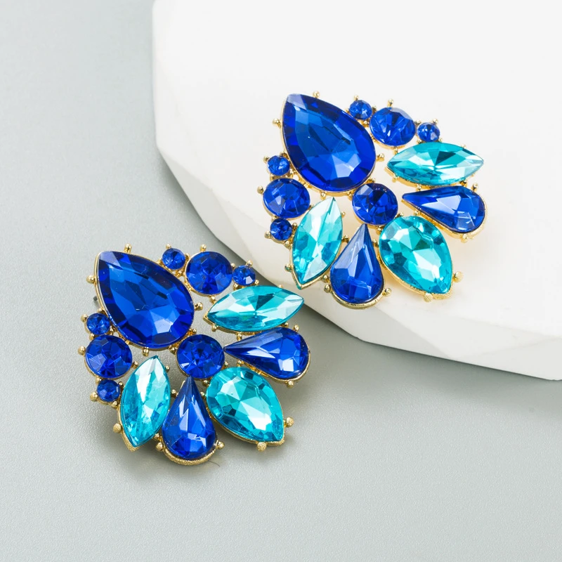 1 Pair Of Ins Wind Geometric Alloy Gold Plated Colored Glass Drill Fashion High Quality Sense Of Earrings