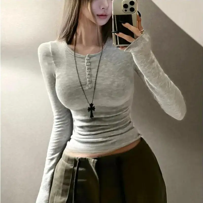 Korean Spring Summer Women See-through T-Shirts Half-Open Collar Button Tops Fashion Versatile Long Sleeve Tight-fitting Tees
