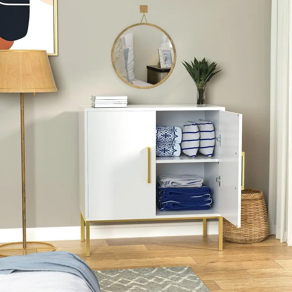 

Buet Sideboard Cabinet with Storage, ern Wooden Cabinet with Adjustable Shelves, White and Gold Cabior Living Room, Kitchen, Hal
