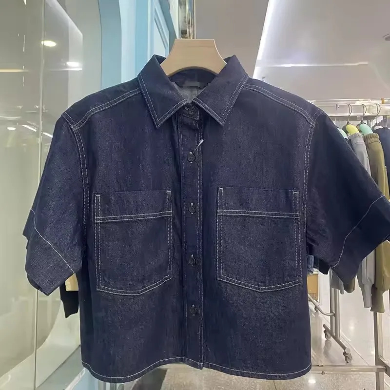Japanese Women's Casual Half Sleeve Denim  Shirt Spring Summer New Short Sleeve   Breathable Turn-down Collar Tops