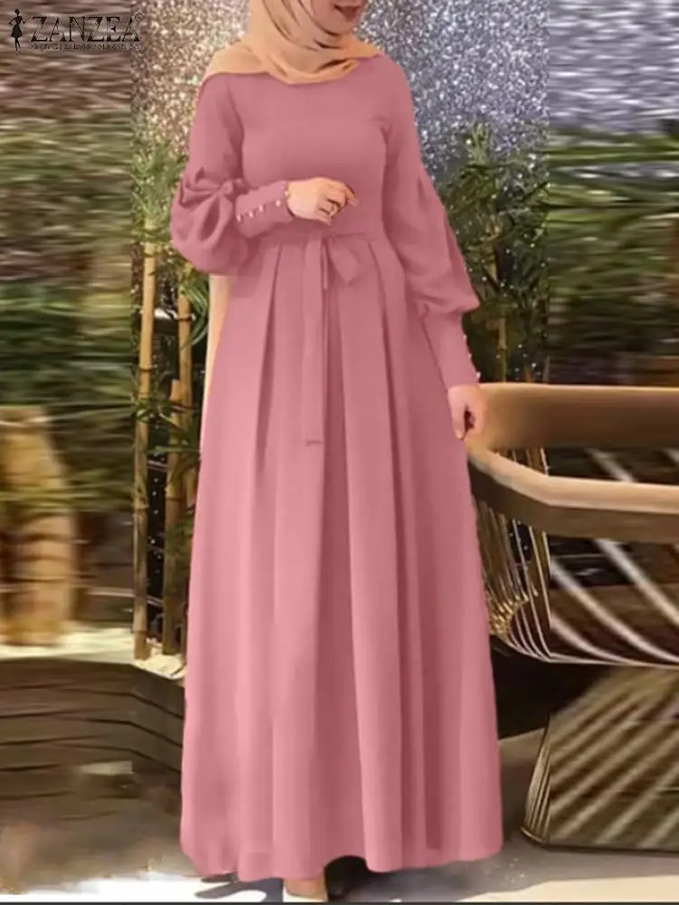 ZANZEA Women Autumn Elegant Sundress Casual Abaya Robe Femme Party Maxi Vestidos Dubai Turkey Muslim Long Sleeve Solid Dress