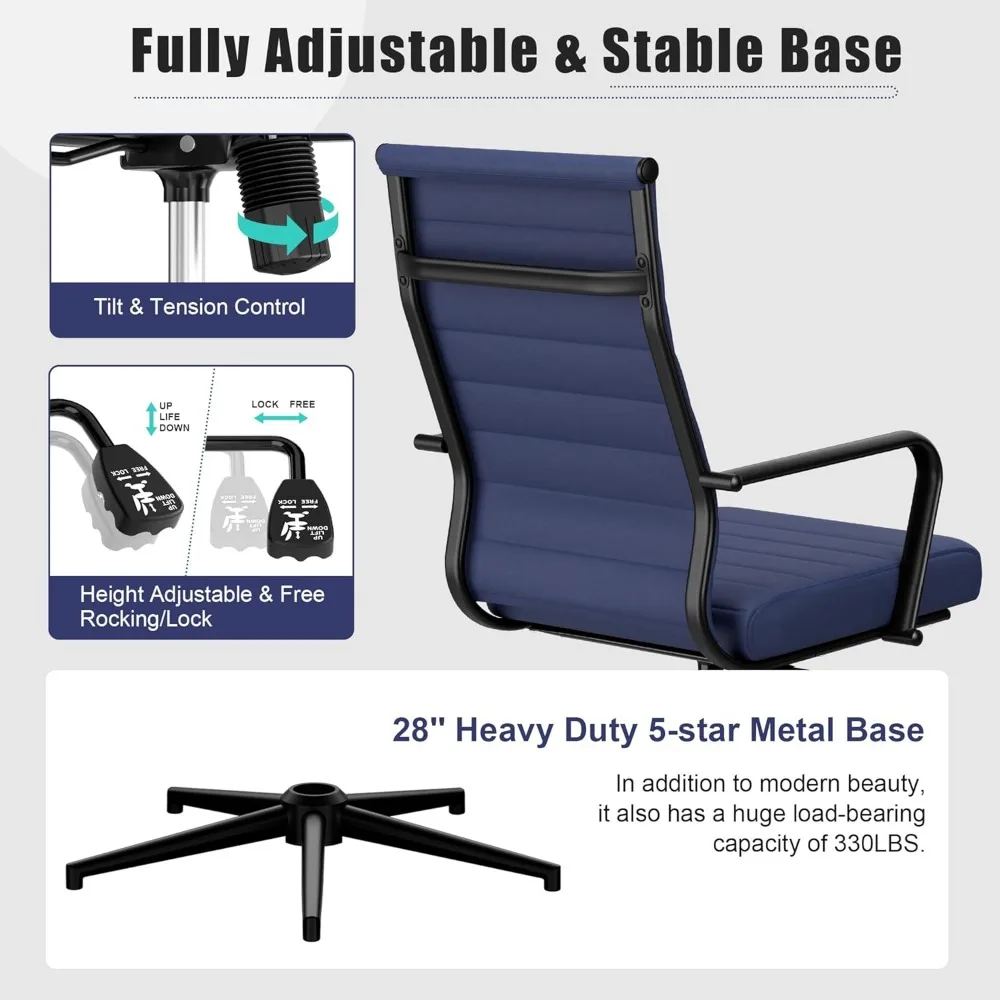 sedia da ufficio ergonomica in pelle blu dal design a coste, girevole regolabile in altezza per sale esecutive e conferenze
