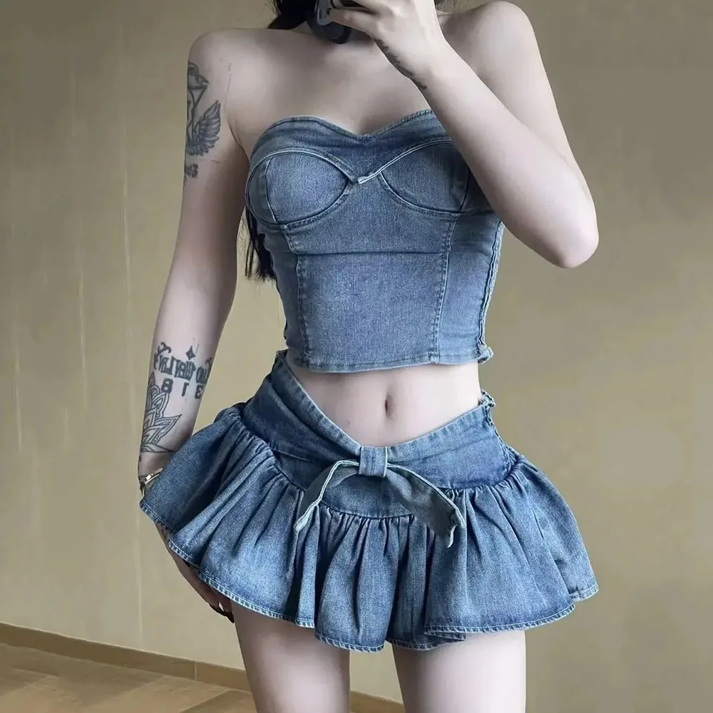 

Y2K Women Korean Sexy Skirts Set Blue Pleated Denim Mini Skirt Aesthetic Grunge Sleeveless Top High Waist Jeans A-line Two Piece