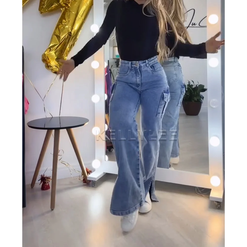 Mode Hoge Taille Multi-Pocket Cargo Jeans Hoge Kwaliteit Stijlvolle Losse Broek Wikkel Heupen Casual Damesbroek Damesbroek