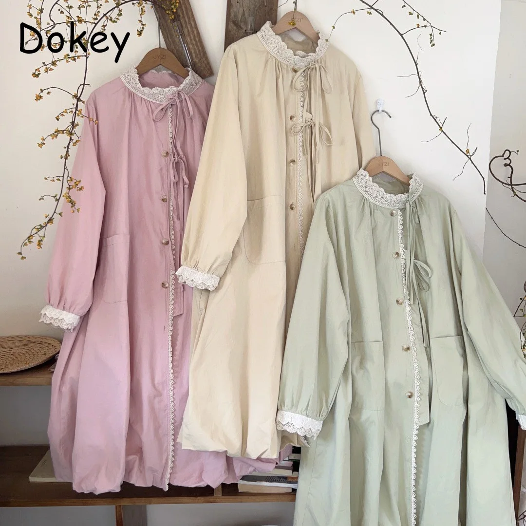 

Mori Girl Lace Stand Collar Long Trench Coat Women Autumn Japanese Kawaii Bow Loose Windbreaker Jacket Female Causal Overcoat