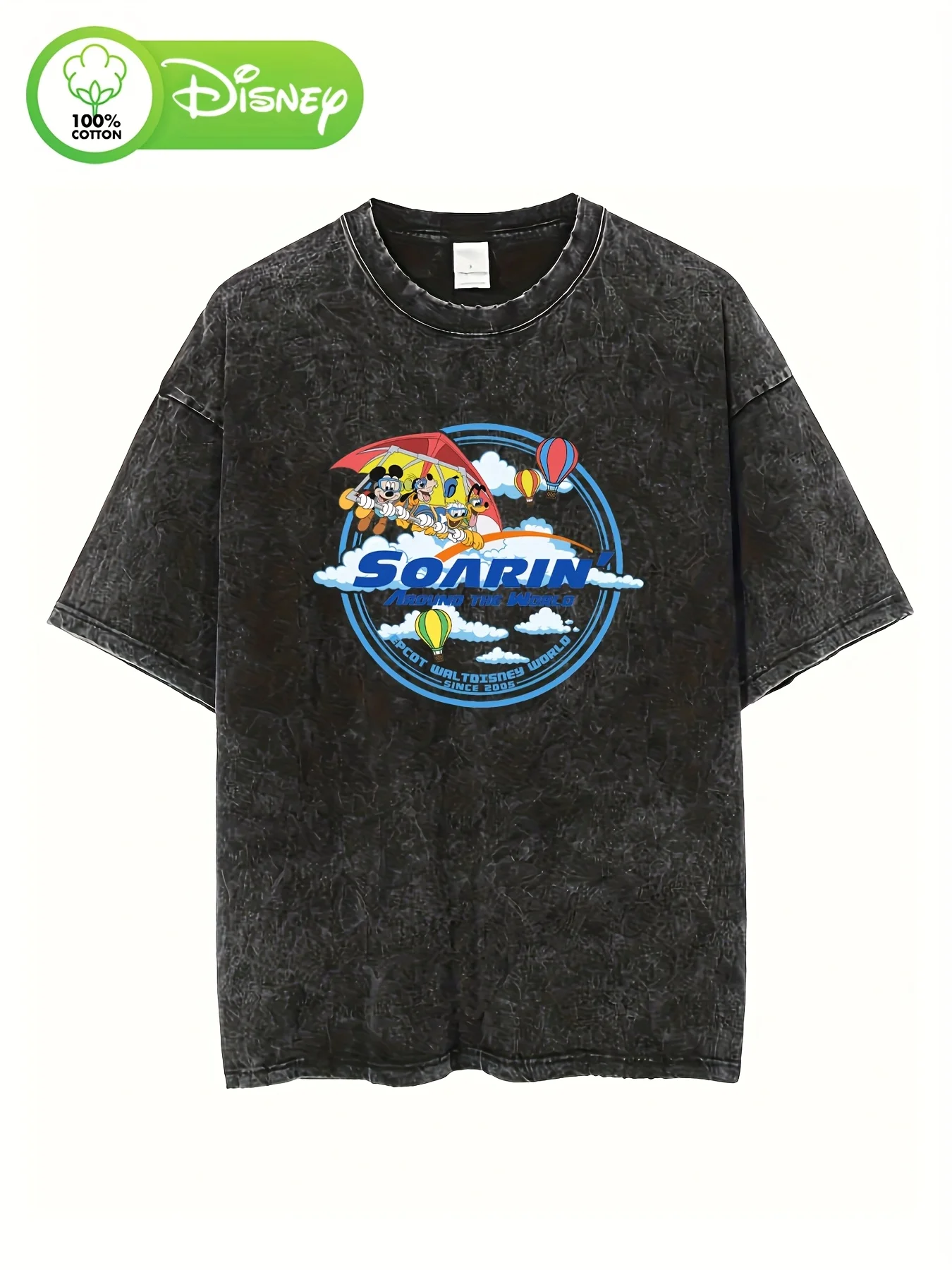 

Soarin 'Around the World Pattern Women's Casual Washed Retro Design with Mickey Mouse Family Airplane Print Summer Short Sleeves