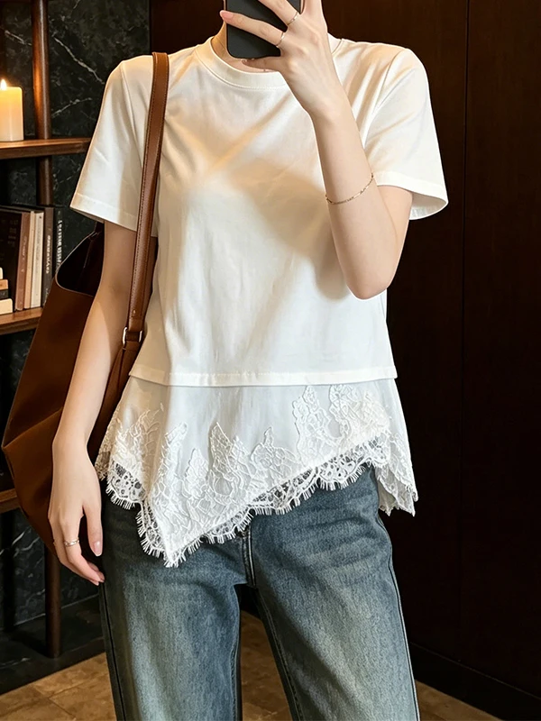 

Summer Women's Loose Lace Splice Short Sleeve T-shirt plus Size Belly Covering Design Sense Top Korean Style Casual Breathable