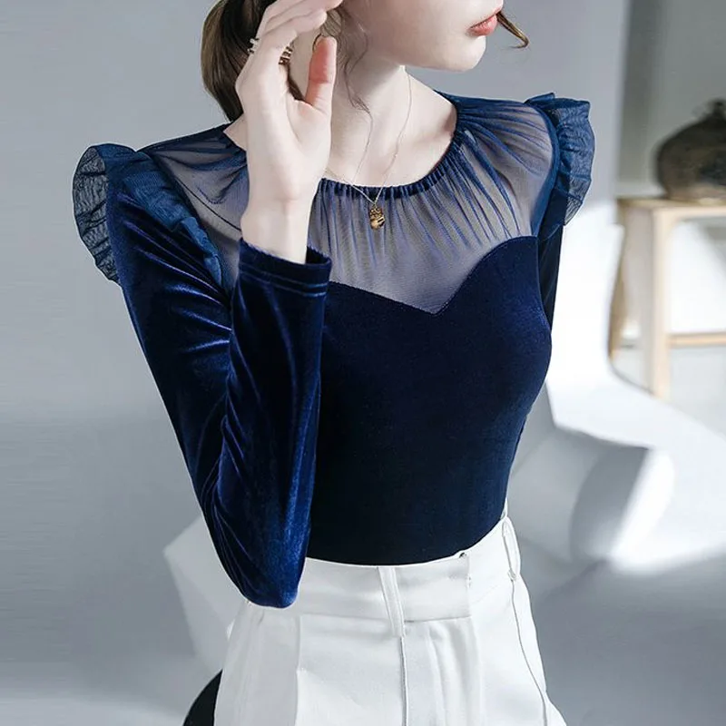 2023 NEW Autumn AND Winter Round Neck Ruffle Edge Fashion Mesh Splice Fashion Velvet Micro Transparent Versatile Little Shirt