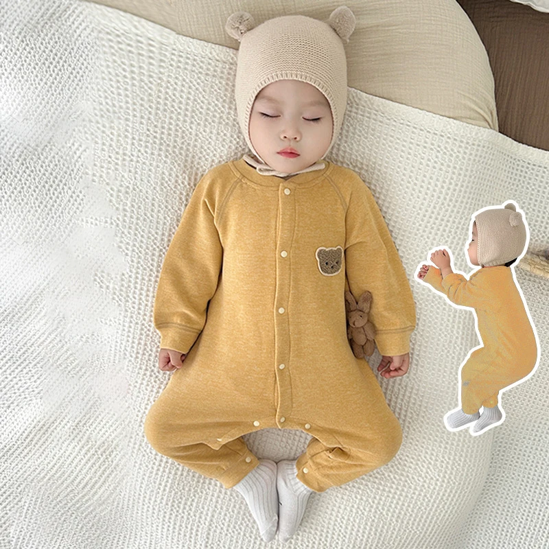 MILANCEL 0-2Y New Autumn Baby Clothes Newborn Romper Skin-friendly Underwear Infant Cartoon Bear Seamless Jumpsuit Sleepwear