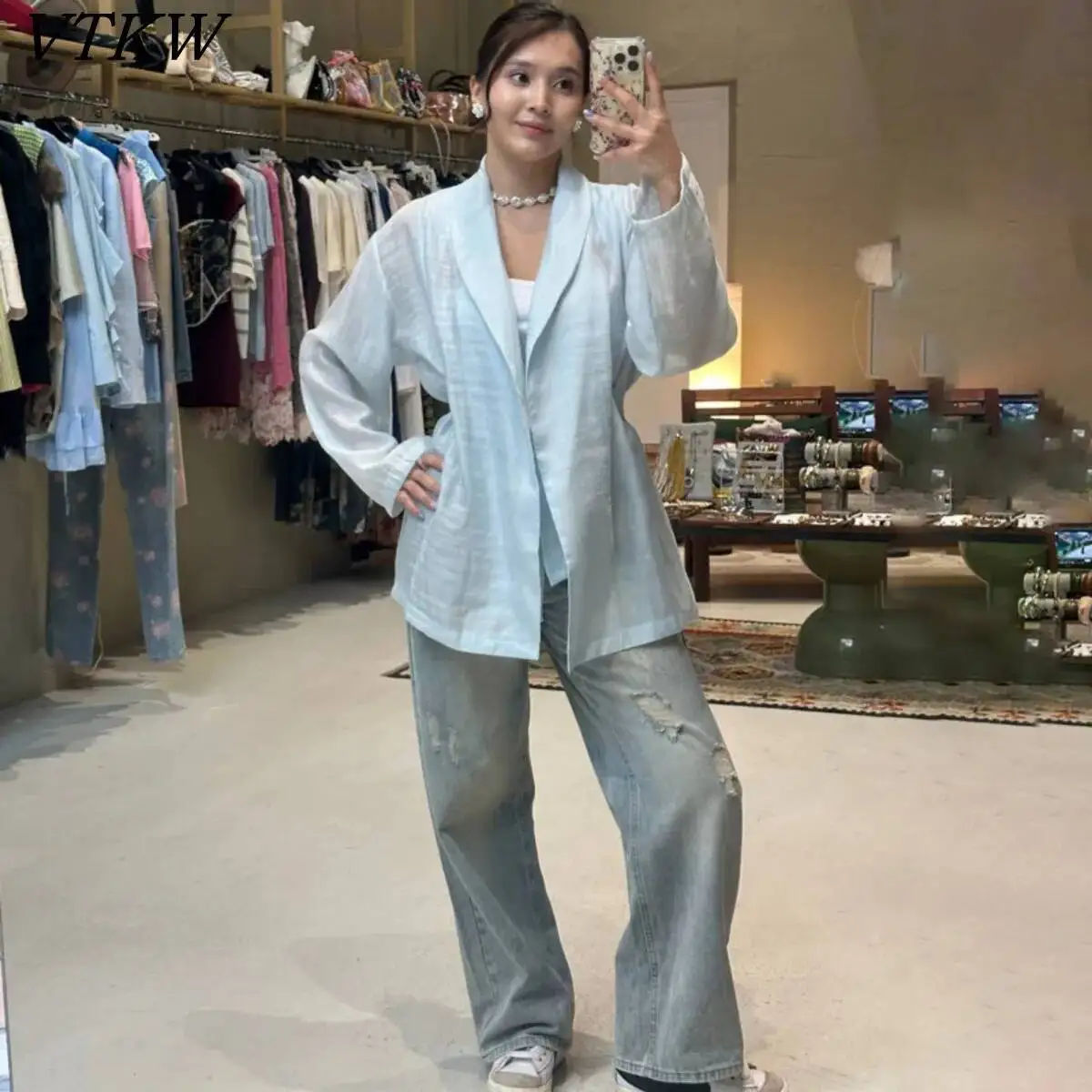 

VTKW 2026 New Women Sheer Blend Blouse Shawl Collar Long Sleeve Tie Waist Loose Fit Elegant Casual Summer Beach Cover Up Shirt
