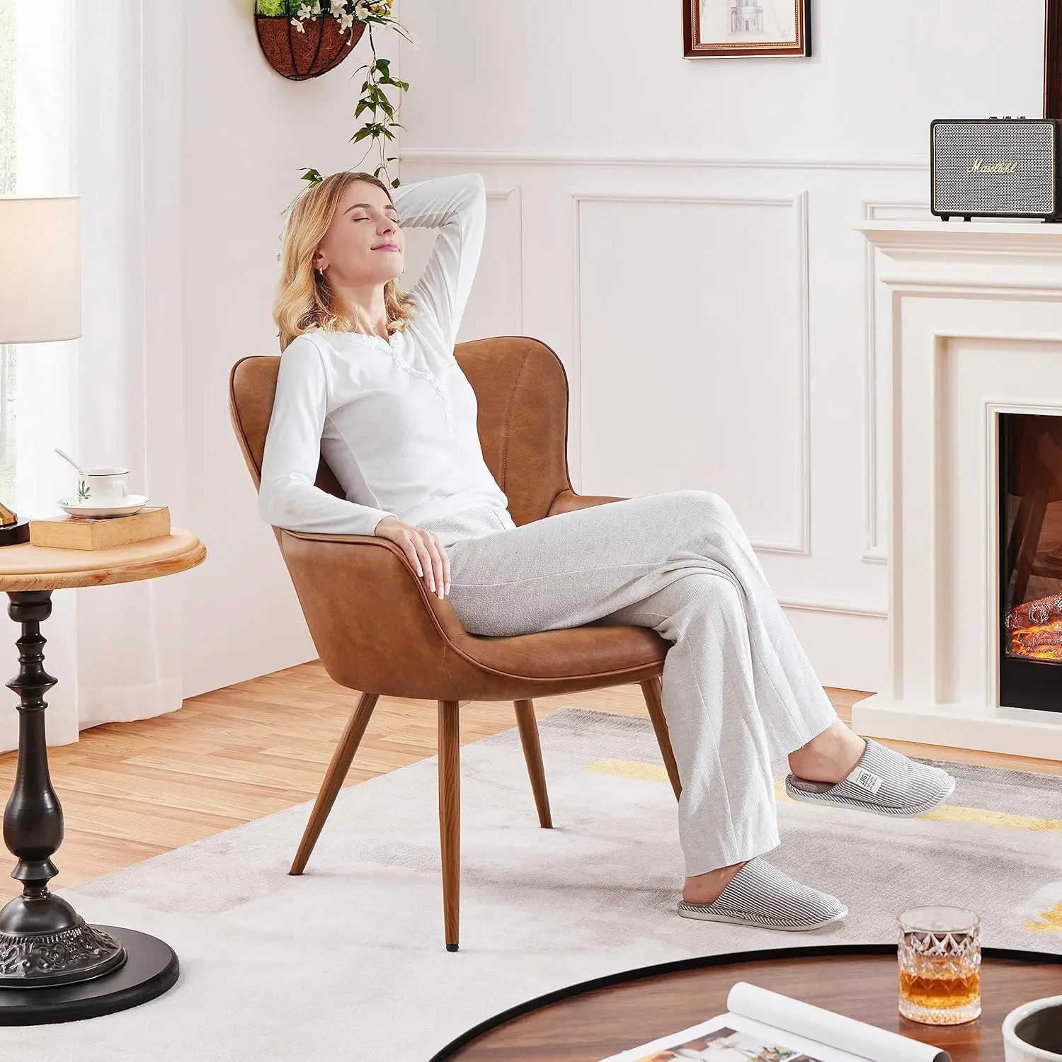 Modern Tub Chair, PU Leather Living Room Armchair, Side Vanity Chair with Curved High Back and Thick Soft Padded Seat