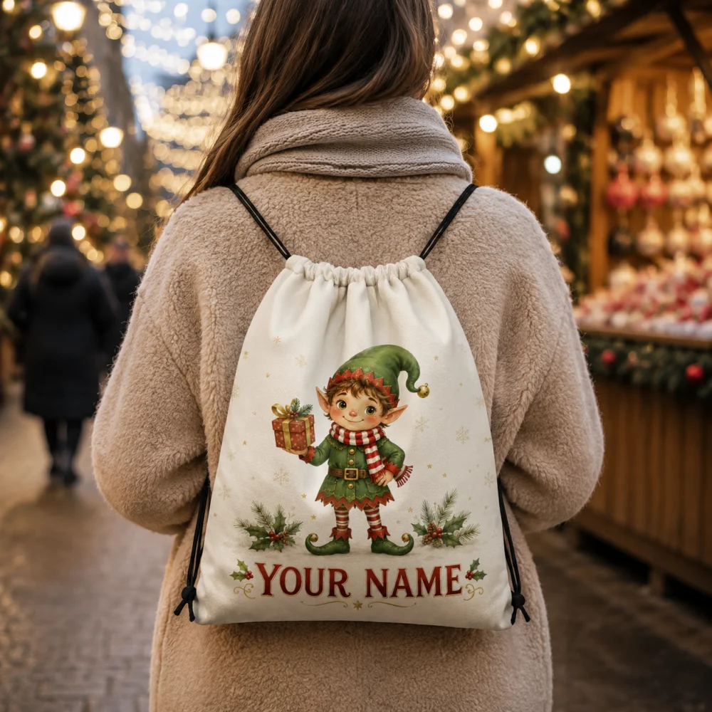 Custom Name Christmas Elf Drawstring Backpack, Polyester X‑mas Holiday Sack Bag, Festive Gift Storage Shoulder Bag