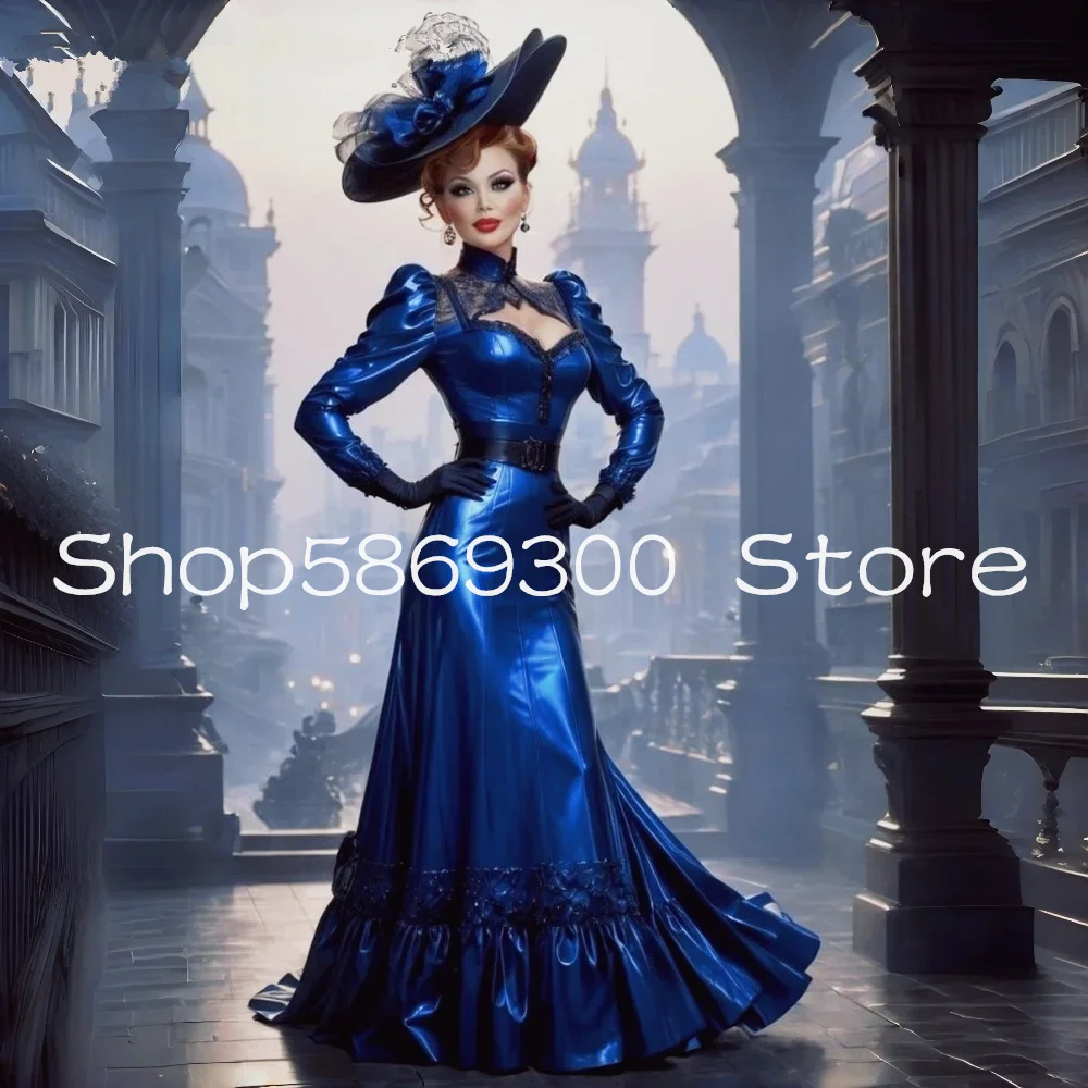 

Customized shiny Royal Blue Prom Dress Vintage Victorian Evening Gowns Long Sleeves High Collar Women Cosplay Costume