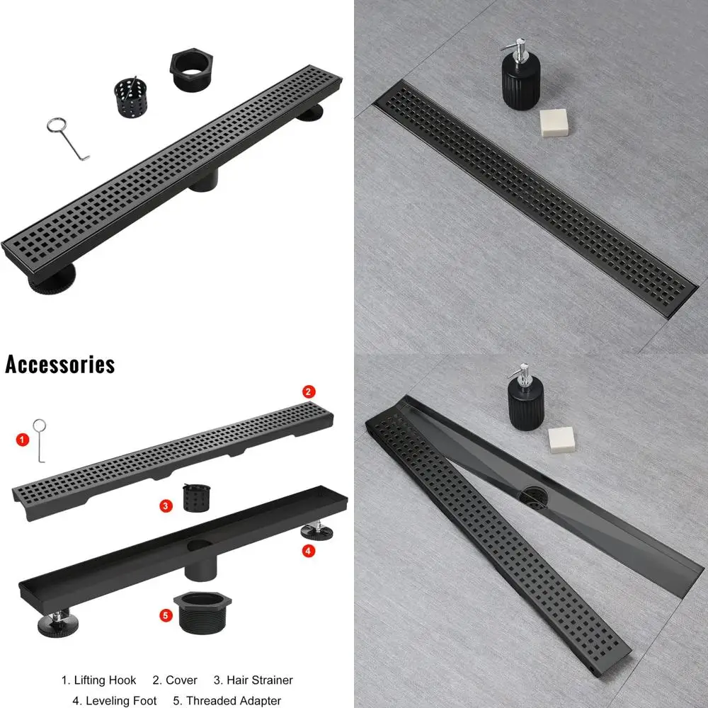 

24-дюймовый матовый черный душевой трап со съемной решеткой, фильтром для волос и регулируемыми опорными ножками