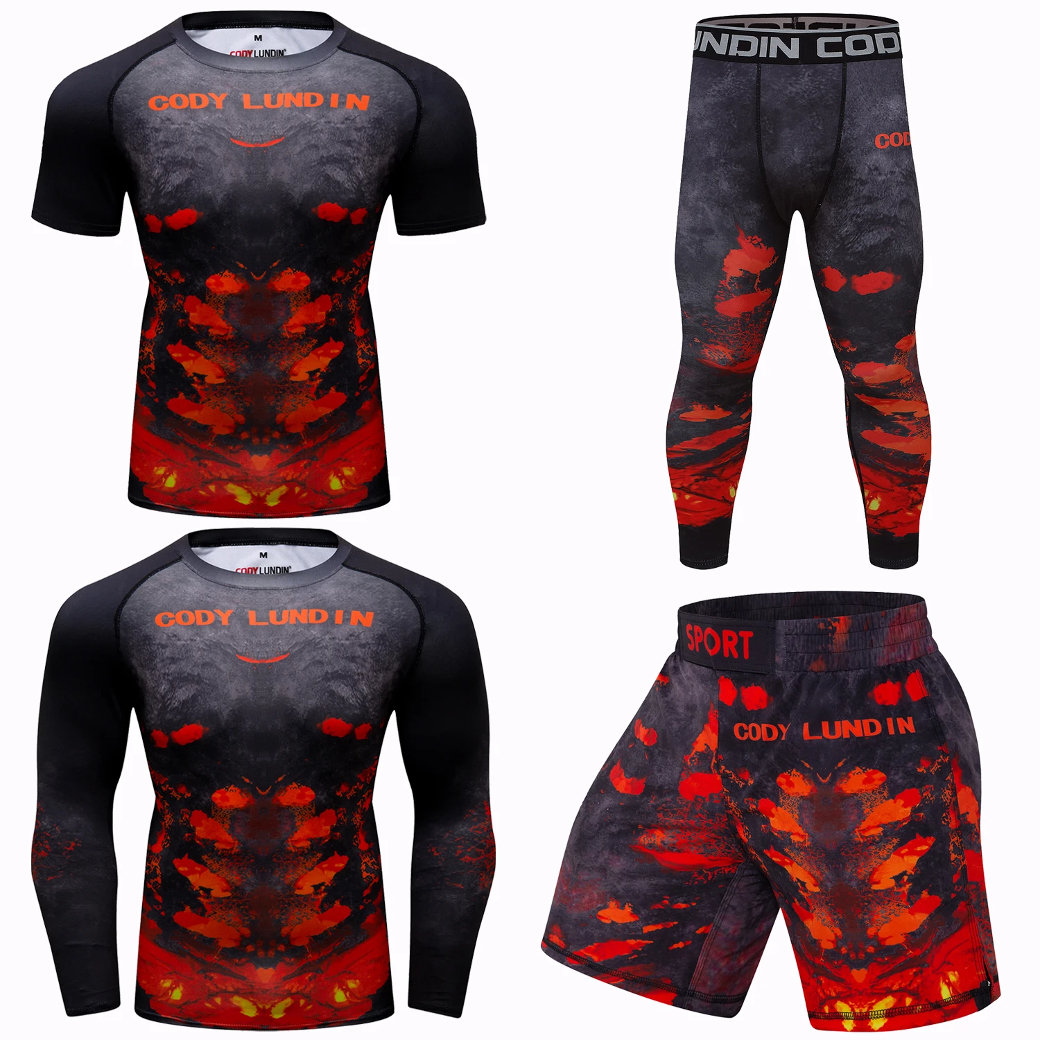 

Bjj kaus MMA Rashguard 4 potong Set, pakaian olahraga latihan tinju penjaga ruam dan kompresi, celana pendek MMA Spat Kickboxing