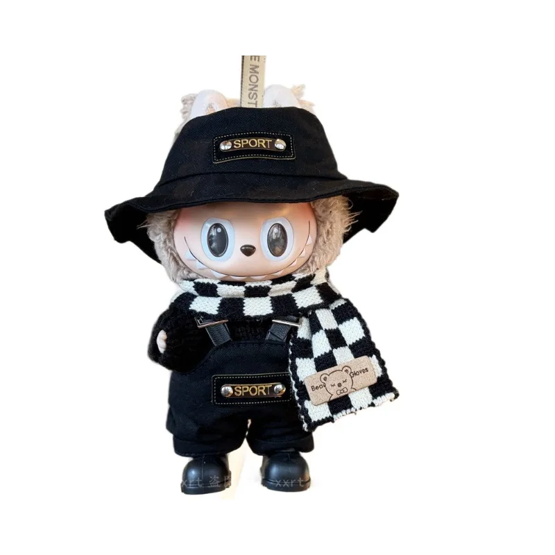 Para labubu roupas 17cm chapéu e cachecol conjunto elegante e na moda macacão xadrez roupa mudança acessório conjunto brinquedo hobbies legal