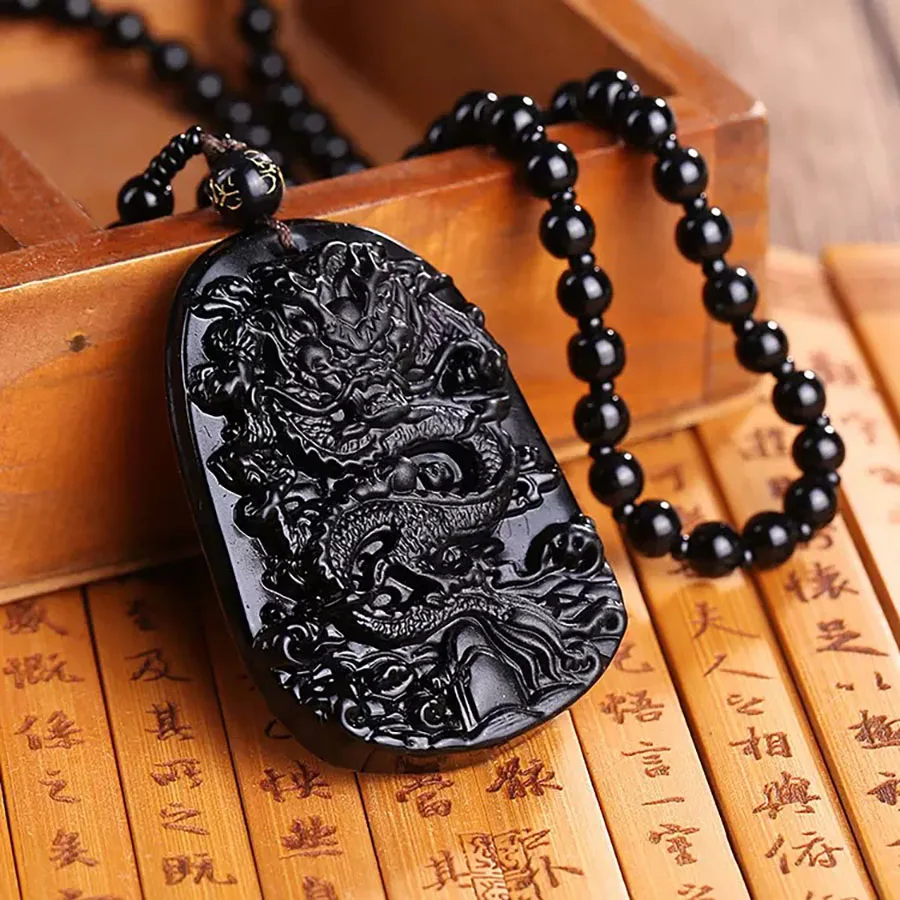 Retro Chinesischen Stil Männer Halskette Obsidian Perlen Pixiu Drachen Marke Anhänger 24 Zoll Lange Kragen Zubehör Healing Homme Joias