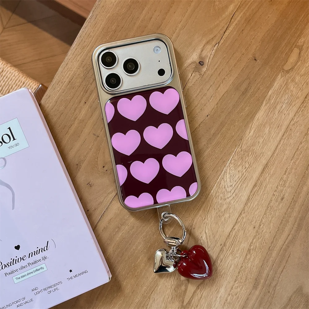 Pink Heart Print Phone Case For iPhone 15 16 17 18 Pro Max With Red Heart Pendant Keychain Shell Shockproof Protective Cover