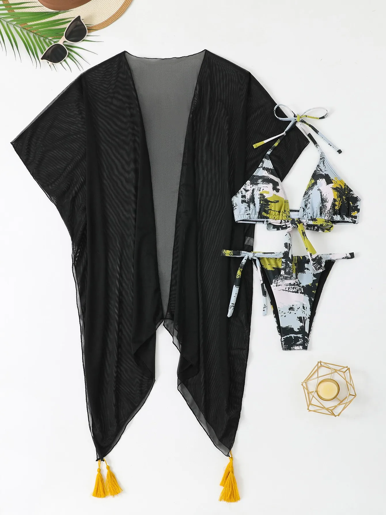 

3 Pieces Micro Thong Bikinis 2025 Women With Kimono Beachwear Tie Dye Print Swimsuit Sexy Swimwear Female Bathing Swimming Suits