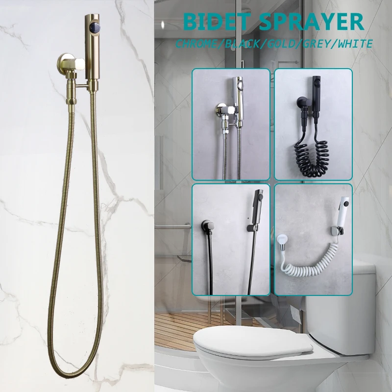 Brushed Gold Bidet Sprayer Set Brass Angel Valve with ABS Sprayer White Clean WC Plastic Bracket Grey Chrome