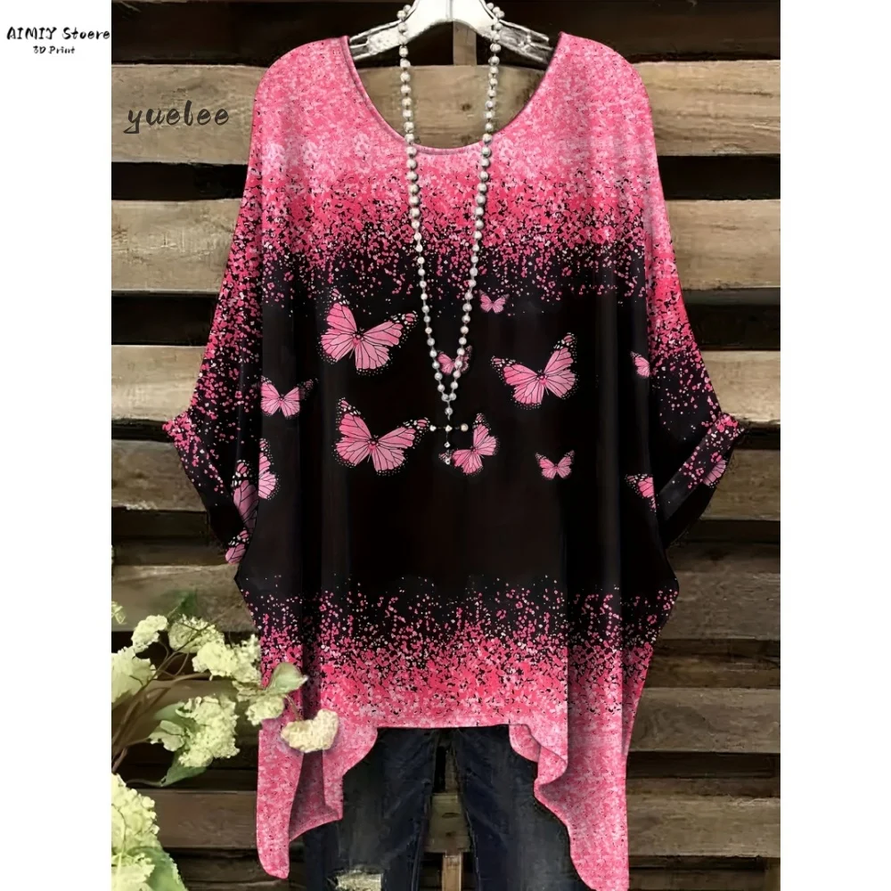 

Богемная шикарная футболка большого размера, простая винтажная футболка с круглым вырезом и нерегулярным подолом, модная женская одежда, универсальная женская одежда