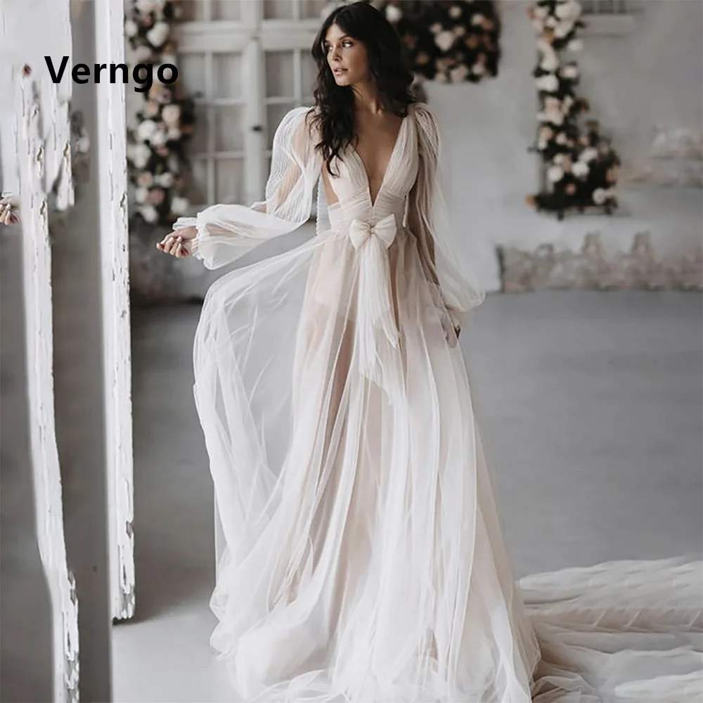 Verngo Long Puff Sleeves Party Dress Deep V Neck Tulle Wedding Party Dress Bow A Line Lace Up Sexy Bridal Gown