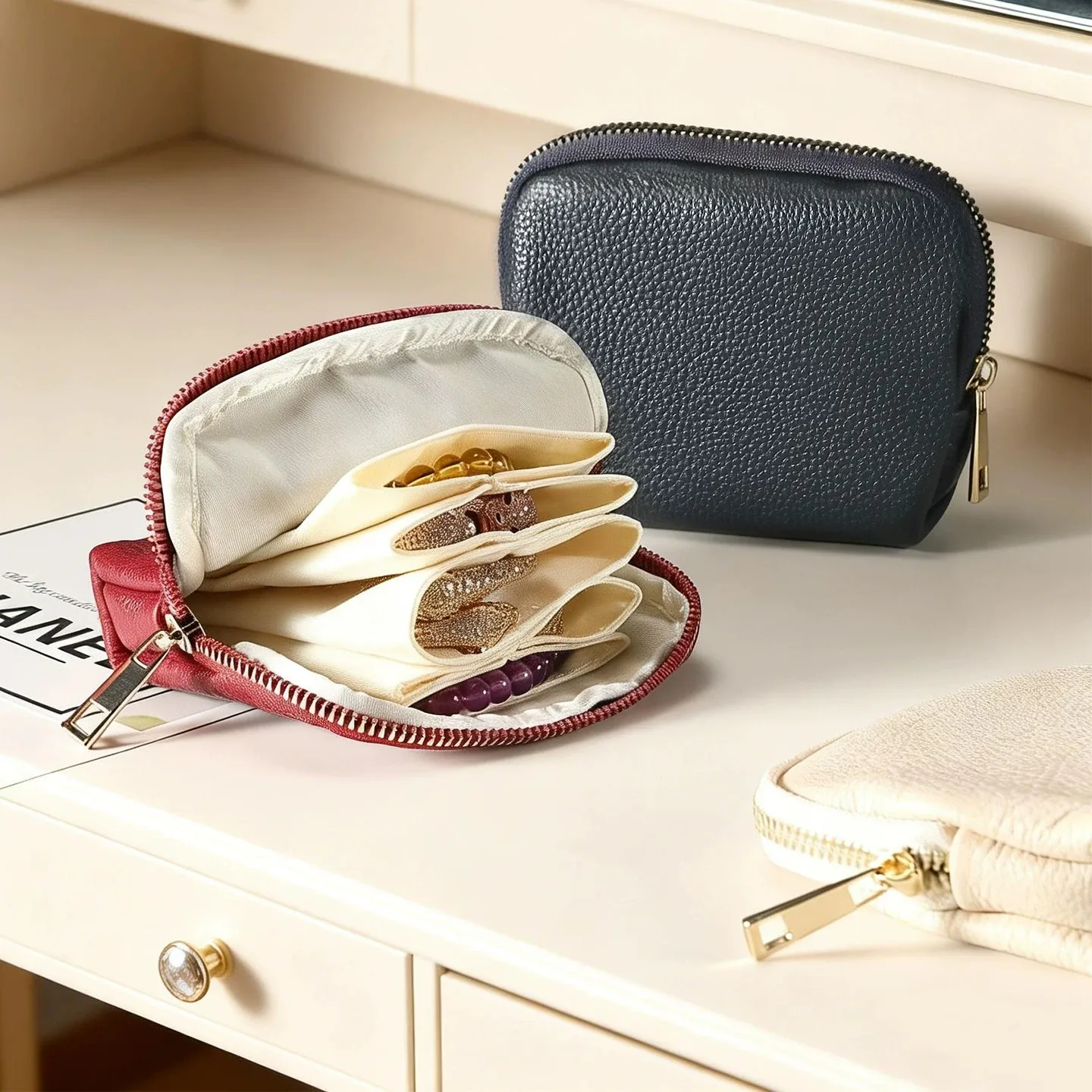 Portable Multi-Layer Genuine Leather Jewelry Organizer Case – Rings, Earrings, Necklaces, Bracelets Rings